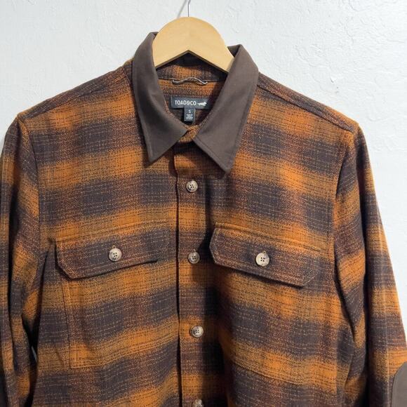 TOAD&CO Shirt Mens Small Button Down Wool Brown Plaid Elbow Patch Shacket - Picture 4 of 6